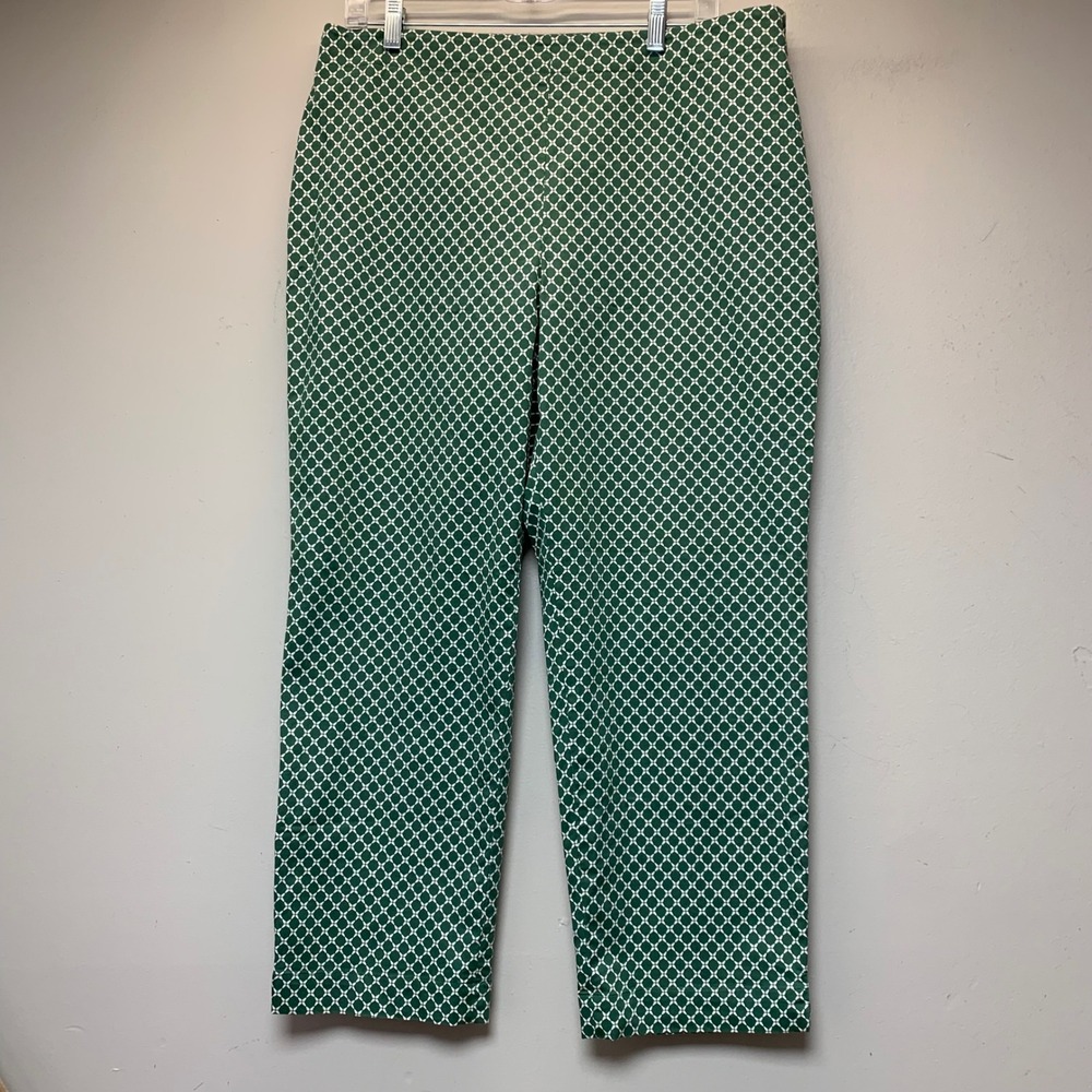 Talbots Classic Side Zip Pants Womens 12 Green White Geometric Straight Leg
